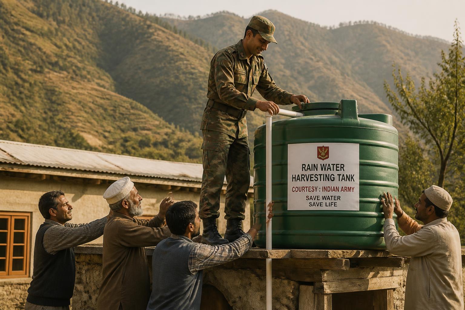 Indian Army soldier and villagers installing a rainwater harvesting tank in Jammu & Kashmir