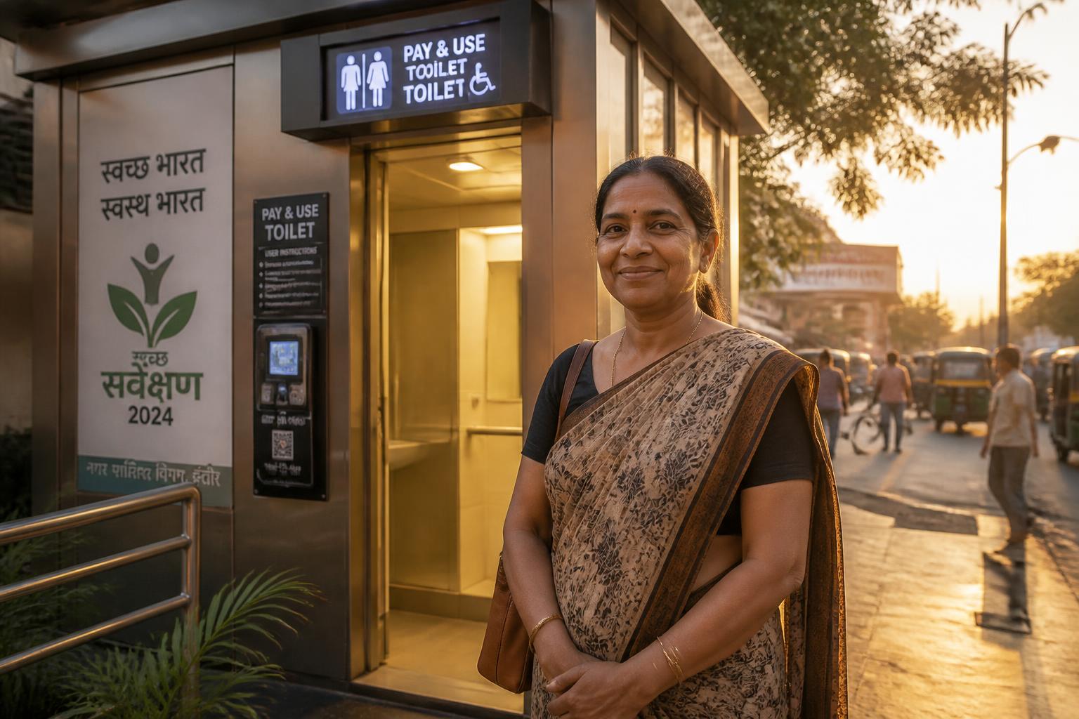 A woman standing beside a clean, modern smart-sanitation unit in an Indian city at golden hour