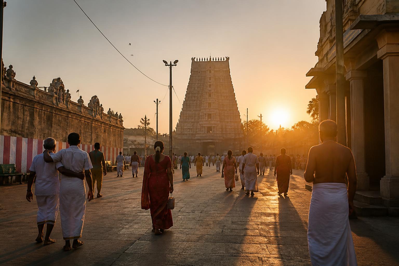 South Indian temple town at golden hour